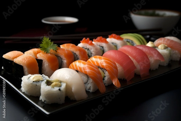 Obraz sushi on a black board, Generative AI