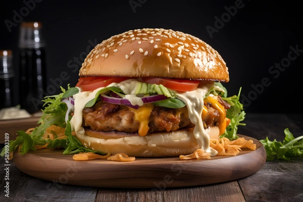 Obraz chicken burger with white sauce, Generative AI