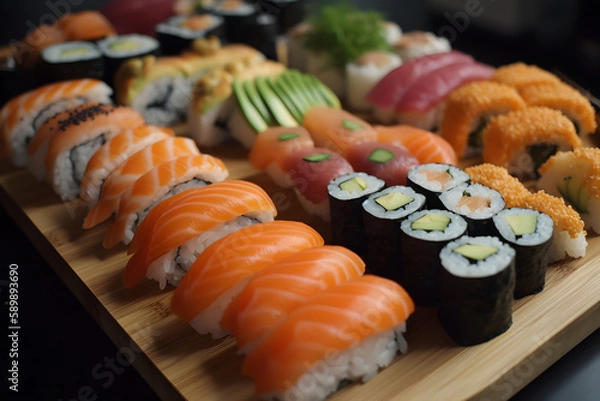 Obraz sushi on a wooden board , Generative AI