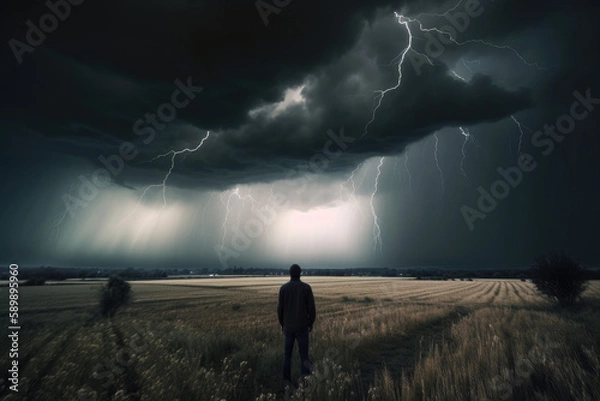 Fototapeta Lightning storm over field created with AI	