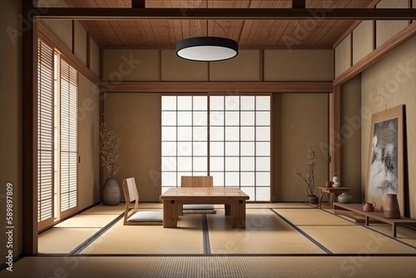 Fototapeta an empty room with a wooden table and chairs. Generative AI