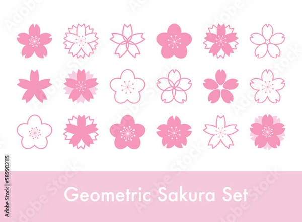 Fototapeta Zestaw geometrycznych symboli znaczków kwiatowych Sakura, ikony kwiatu wiśniowego
