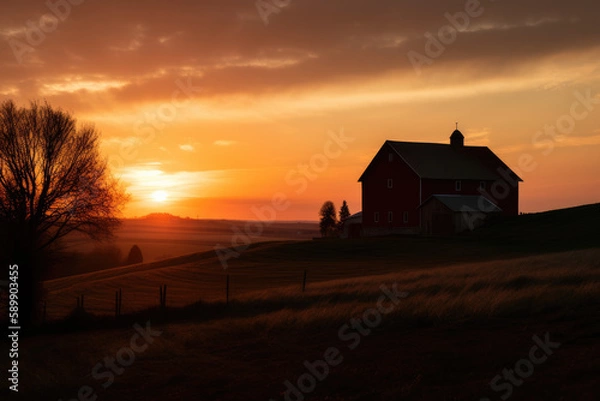 Fototapeta Red barn against sunset sky created wtih AI
