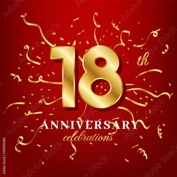 Fototapeta 18 golden numbers and anniversary celebrating text with golden confetti spread on a red background