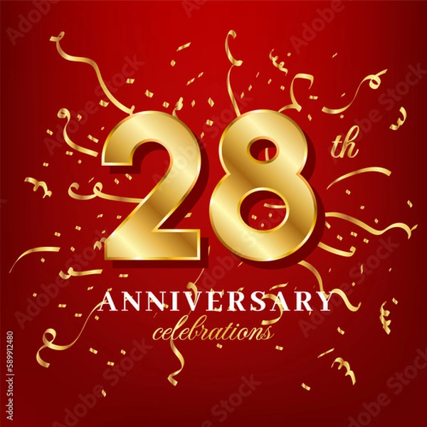 Fototapeta 28 golden numbers and anniversary celebrating text with golden confetti spread on a red background