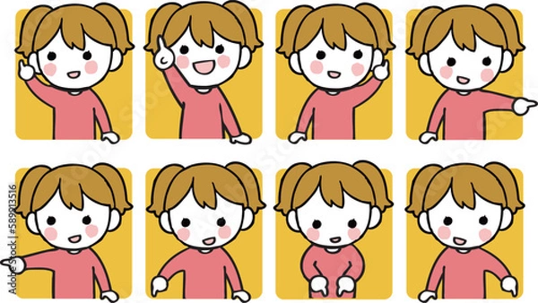 Obraz 色々な方向を指さす女の子のイラストセット