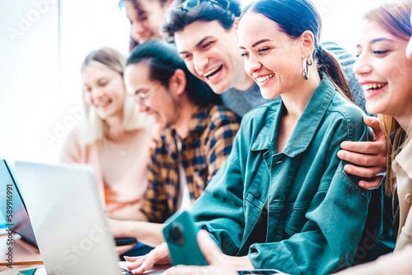 Fototapeta Young millenial students sharing content on laptop at startup studio - Trendy friends life style and teamwork concept on office working time - Start up entrepreneurs at internet cafe coworking space