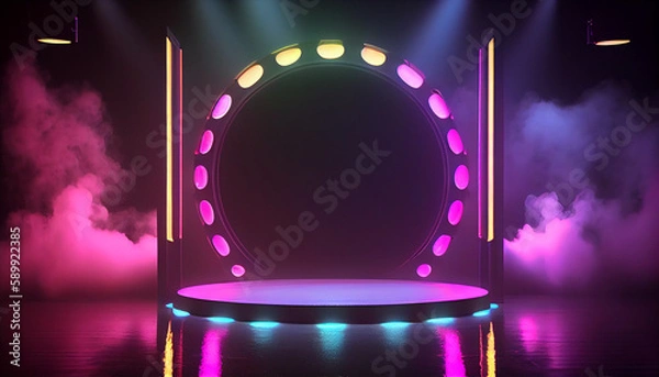 Fototapeta Neon empty stage with smoke and spot light. stage background  Ai generated image