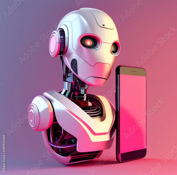 Fototapeta Robot beside the screen of smartphone. Concept of chatbot with artificial intelligence.