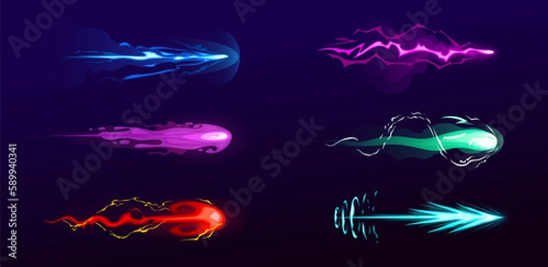 Obraz Vector cartoon illustration set of blasters laser or plasmic beams, cosmic shoots, objects for the game sooting, cartoon illustration set, color smoke 