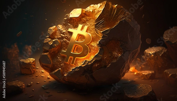 Fototapeta Bitcoin in stone - Investing in Bitcoin has never been easier with this photo of the cryptocurrency - ai generated