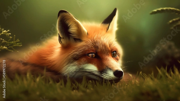Fototapeta Red fox animal in green grass. Outdoor omnivorous mammal in wildlife. Animal in the field. Generative AI