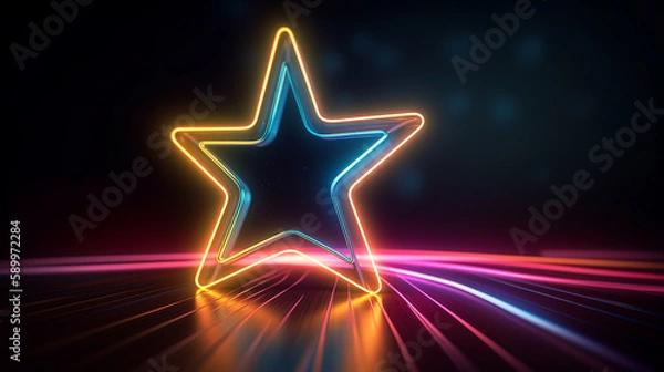 Fototapeta Neon star illustration. Background with futuristic best review element. Premium quality rating. Generative AI