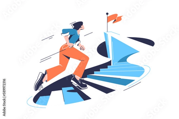 Fototapeta Woman running towards top on stairs to the goal