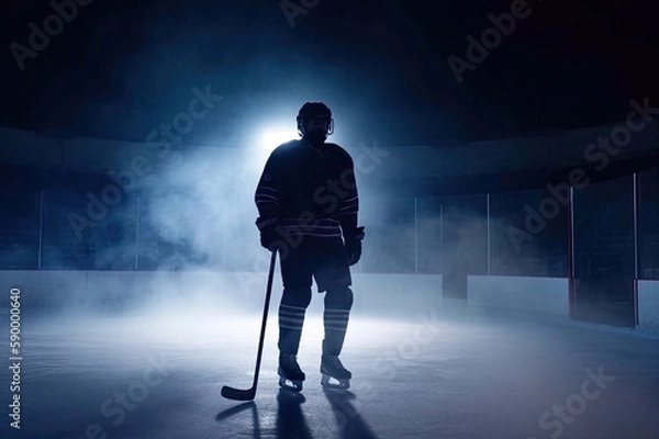Fototapeta Dark Silhouette of a Hockey Player on the Ice Rink at the Stadium, Generative AI