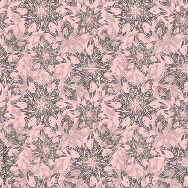 Fototapeta seamless gray openwork pattern of abstract decorative elements on a pink background, texture, design