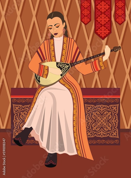 Fototapeta Vector illustration. A beautiful young woman in a Kazakh national costume plays a dombra musical instrument on the background of a yurt