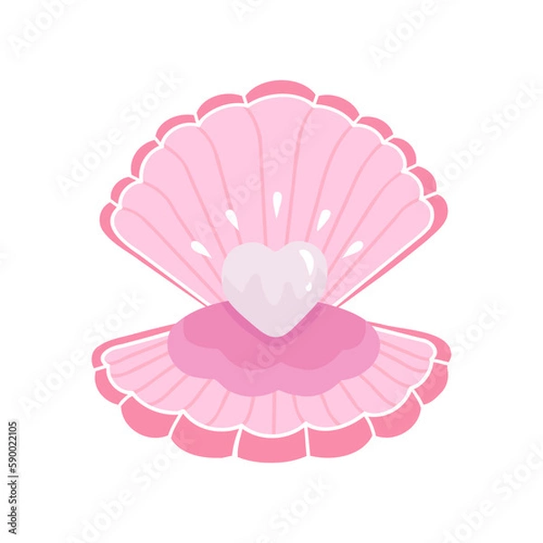 Obraz open seashell with heart, pearl. Vector Illustration for printing, backgrounds, covers and packaging. Image can be used for greeting cards, posters, stickers and textile. Isolated on white background.