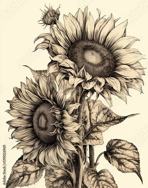 Obraz Sunflowers Illustration, sketch, watercolor, for graphic design, logos, t shirts. Generative AI