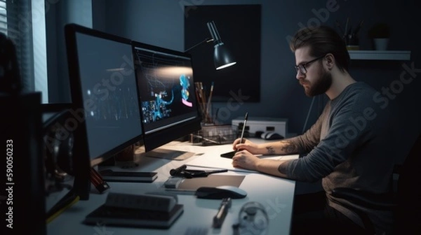 Obraz Artist in their graphic design studio, working on a computer and surrounded by creative tools, with a copyspace. Generative ai.