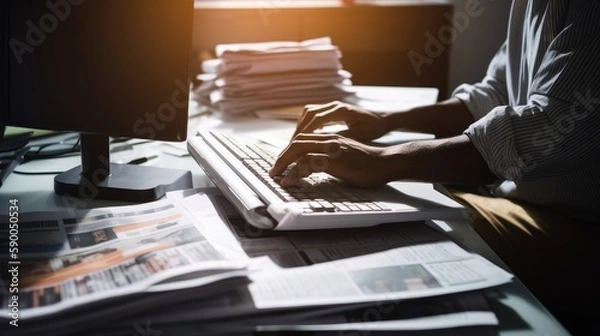 Fototapeta Journalist in a newsroom, typing on a keyboard and surrounded by newspapers. Generative ai.