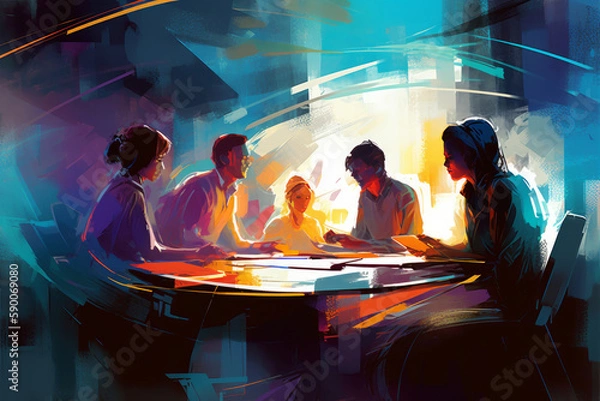Fototapeta a diverse multicultural group of business people in a conference, meeting or brainstorming session, Painterly futuristic illustration, generative AI