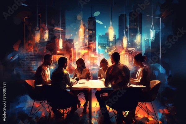 Fototapeta a diverse multicultural group of business people in a conference, meeting or brainstorming session, Painterly futuristic illustration, generative AI
