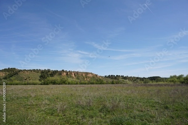 Fototapeta 青空の下に広がる平原と山