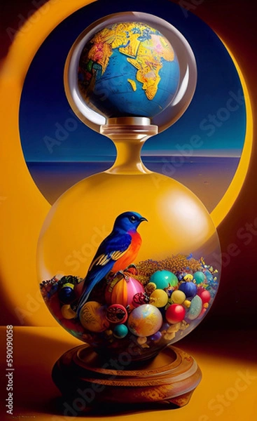 Fototapeta An hourglass with a globe and a blue bird inside. Fantasy image with intricate patterns and decorations. Generative, AI, Generative AI