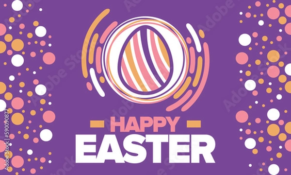 Fototapeta Happy Easter in April. Christian spring holiday in honor of the resurrection of Christ. Biblical history. Traditional dyeing eggs with patterns, fun game for children searching for easter eggs. Vector