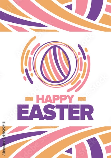 Fototapeta Happy Easter in April. Christian spring holiday in honor of the resurrection of Christ. Biblical history. Traditional dyeing eggs with patterns, fun game for children searching for easter eggs. Vector