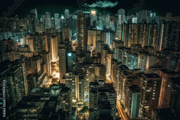 Fototapeta long exposure drone shot of mega city skyline at night, iluminated streets and signs, generative AI