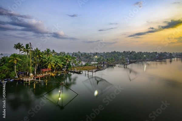 Obraz Beautiful sunrise view from Kadamakkudy landscape backwater, Kerala.