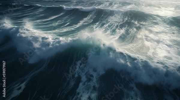 Fototapeta Aerial view of big waves on ocean, generative ai