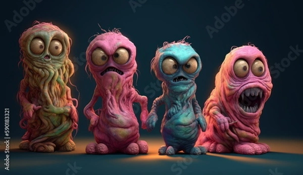 Fototapeta A group of small monsters with scary faces are terrorizing the night. Created by Generative Ai.