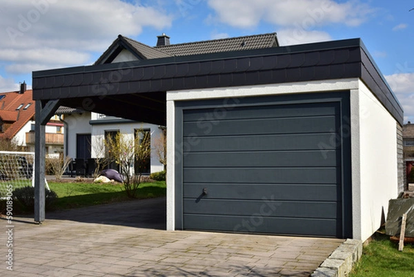Obraz In einen Holz-Carport integrierte Beton-Garage mit Automatik-Tor in der Hauszufahrt