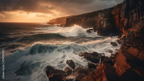 Obraz Sunset over the sea with rocks. Created using generative AI.