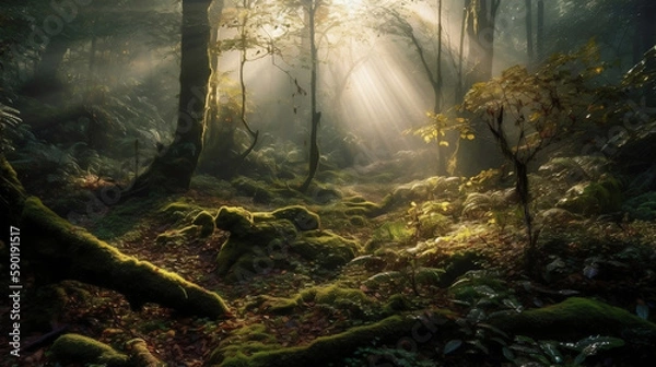 Fototapeta Morning in the forest. Created using generative AI.