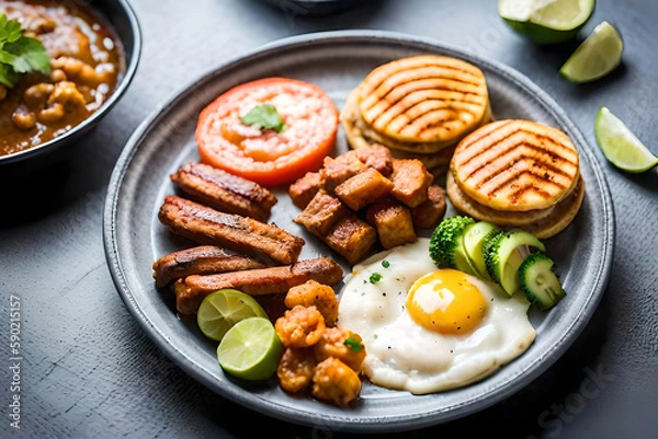 Fototapeta Colombian food Bandeja Paisa - a hearty dish with rice, beans, beef, chicharron (pork belly), plantain, avocado, and a fried egg. created with generative ai technology