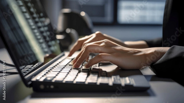 Fototapeta Close up, businesswoman hand, typing on laptop keyboard during working day in the office. Illustration. Generative AI