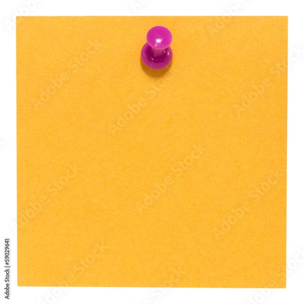 Fototapeta Flat orange square sticky note, with pink pin