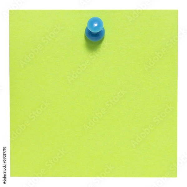 Fototapeta Flat green square sticky note, with a blue pin