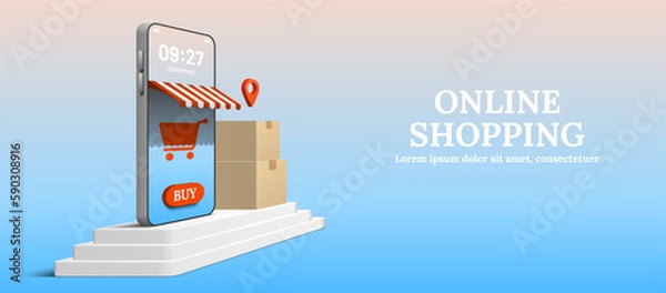 Fototapeta Smartphone on three steps podium with shopping cart icon and buy button. Parcel packaging boxes with location map pin. Online shopping concept 3d vector.