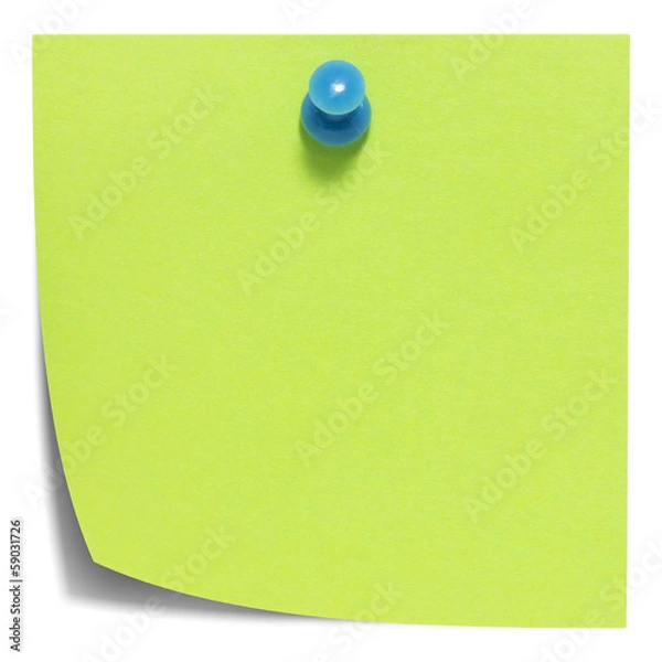 Fototapeta Green square sticky note, with a blue pin, isolated with shadow