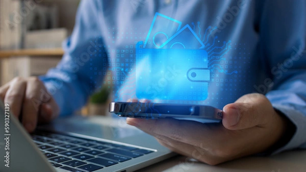 Obraz Digital wallet icon.Businessman shopping online with digital currency wallet. Mobile banking, online finance, e-commerce. Dollar, euro, yen, yuan and pound icons.