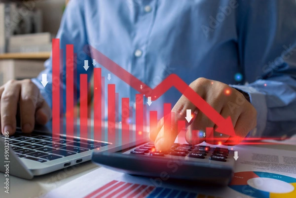 Fototapeta Crisis economic collapse stock chart falling down concept, businessman with red arrow falling financial graph floor to global money bankruptcy, recession, depression, inflation, market capital crash.