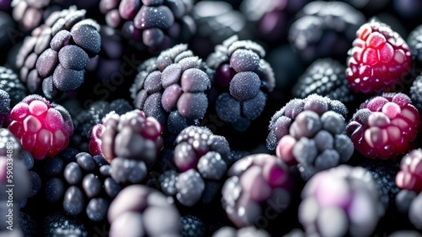 Obraz Extreme Close Up Of Frosted Blackberries - generative ai