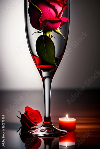 Fototapeta a red rose with white and red petals stands in a tall glass goblet