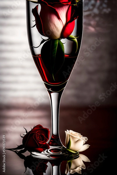 Fototapeta a red rose with white and red petals stands in a tall glass goblet