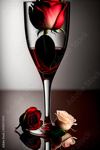 Fototapeta a red rose with white and red petals stands in a tall glass goblet